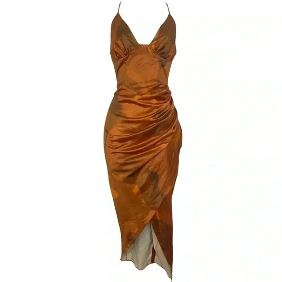ASOS LUXE seamed corset satin midi dress in brown swirl print - Picture 1 of 5